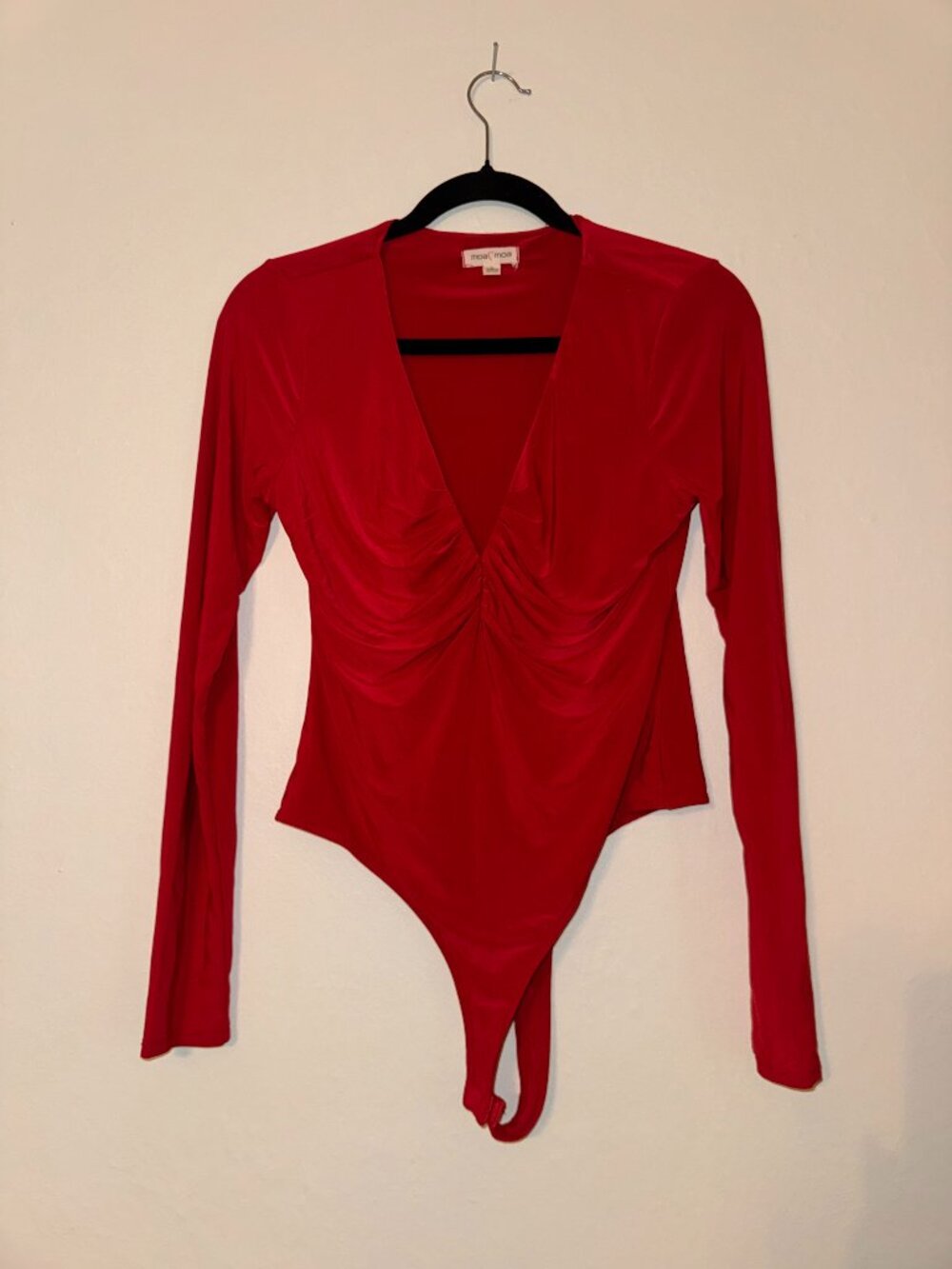 Mimi Chica Red Long Sleeve Plunging Ruched V Neck Bodysuit